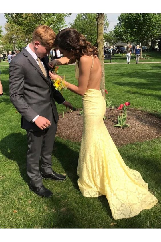 Yellow Lace Prom Dresses,Evening Dress Pretty Prom Dresses P7594