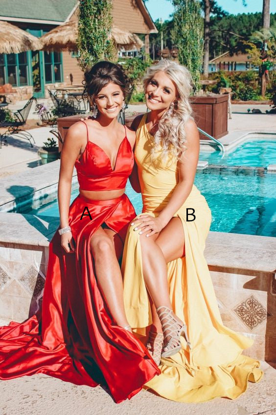 Yellow Prom Dresses,Red Satin Evening Dress Pretty Prom Dresses P7649
