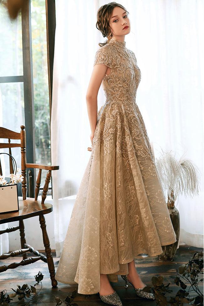 champagne prom dress satin Long Satin Prom Dress with Keyhole Cut Out
