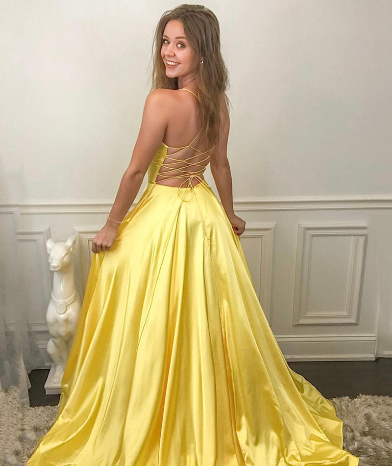 Yellow v neck satin long prom dress simple evening dress P8302