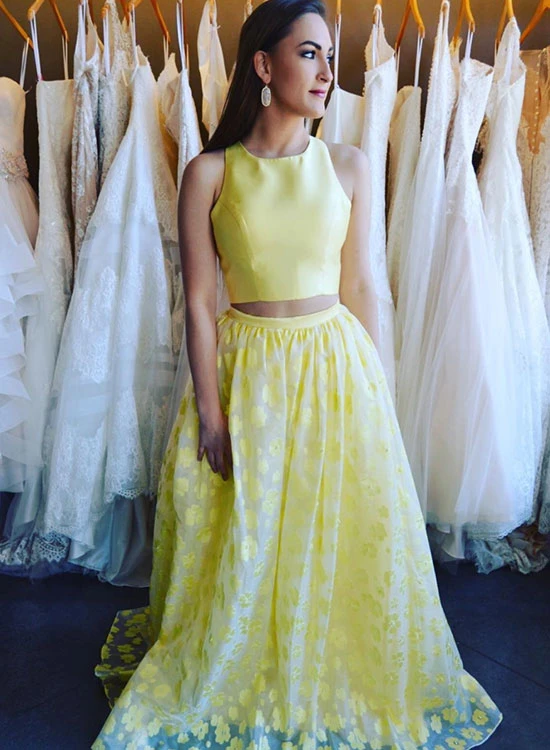Yellow two pieces lace long prom dress, yellow evening dress KS2740