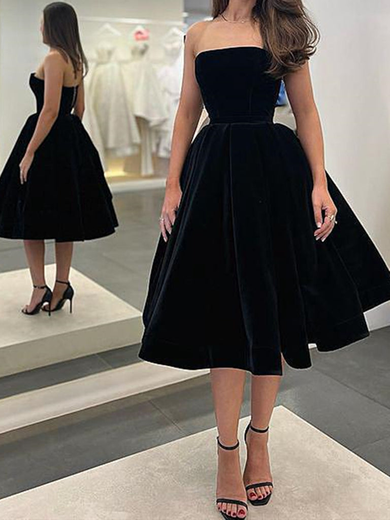 Tea Length Black Velvet Homecoming Dresses SH013