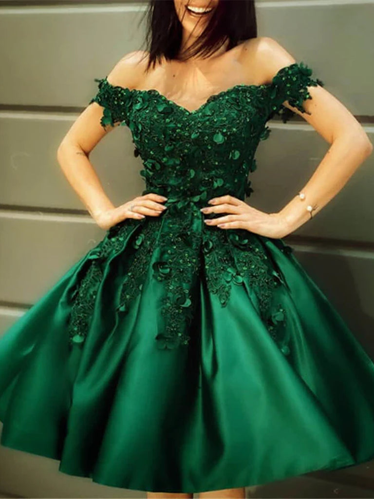 Off Shoulder Short Green Lace Homecoming Dresses SH028