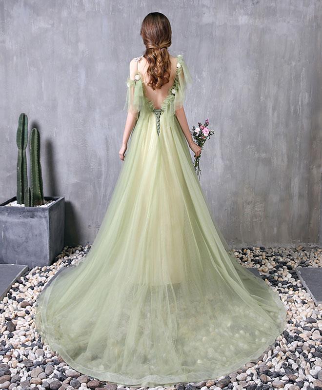 Green Tulle Lace Long Prom Dress Green Evening Dress SH317