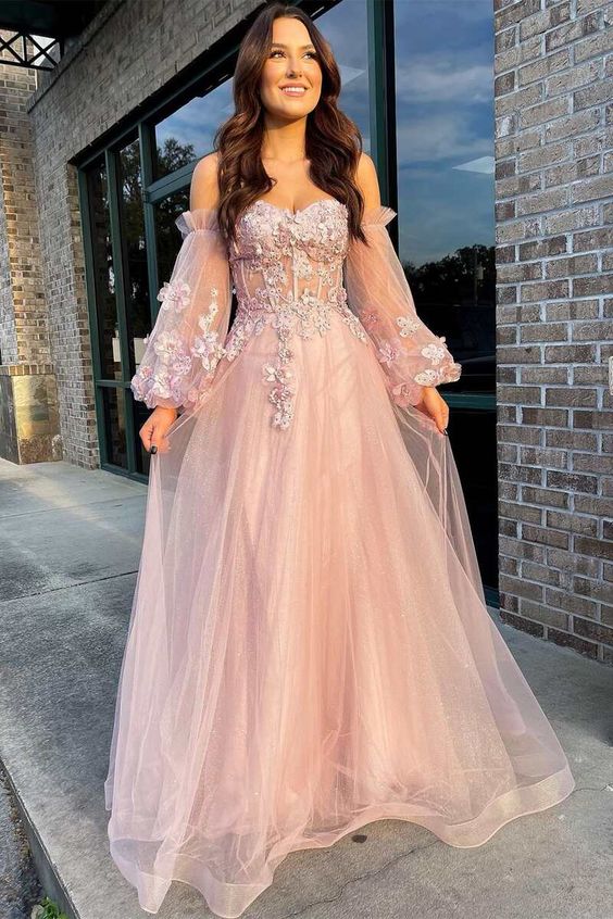 Pink Tulle Strapless Puff Sleeve A-Line Prom Dress SH356 shinydress Pink Tulle Strapless Puff Sleeve A-Line Prom Dress SH356 shinydress