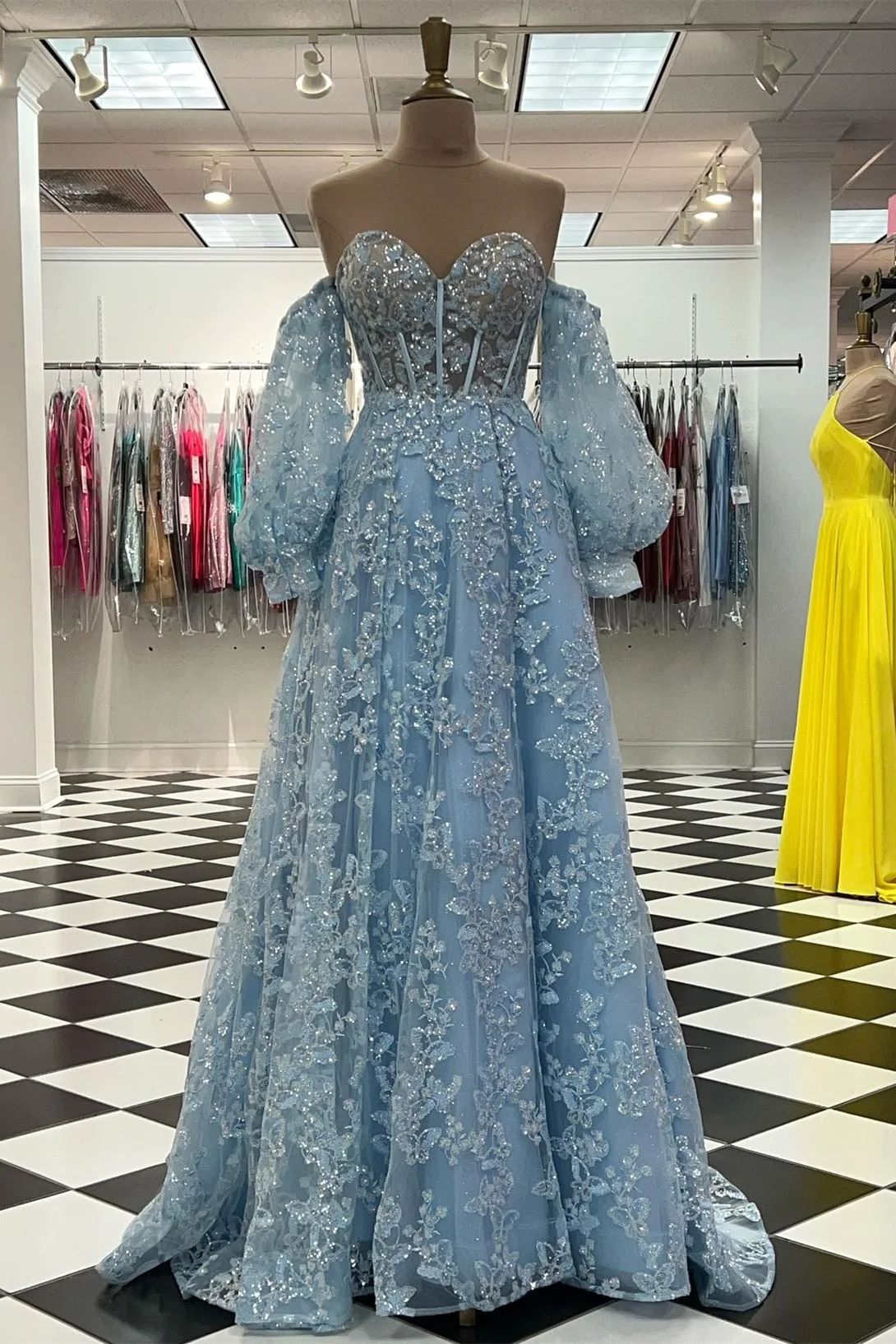 Sparkle Princess Bustier Puff Sleeve Lace Long Prom Gown SH370