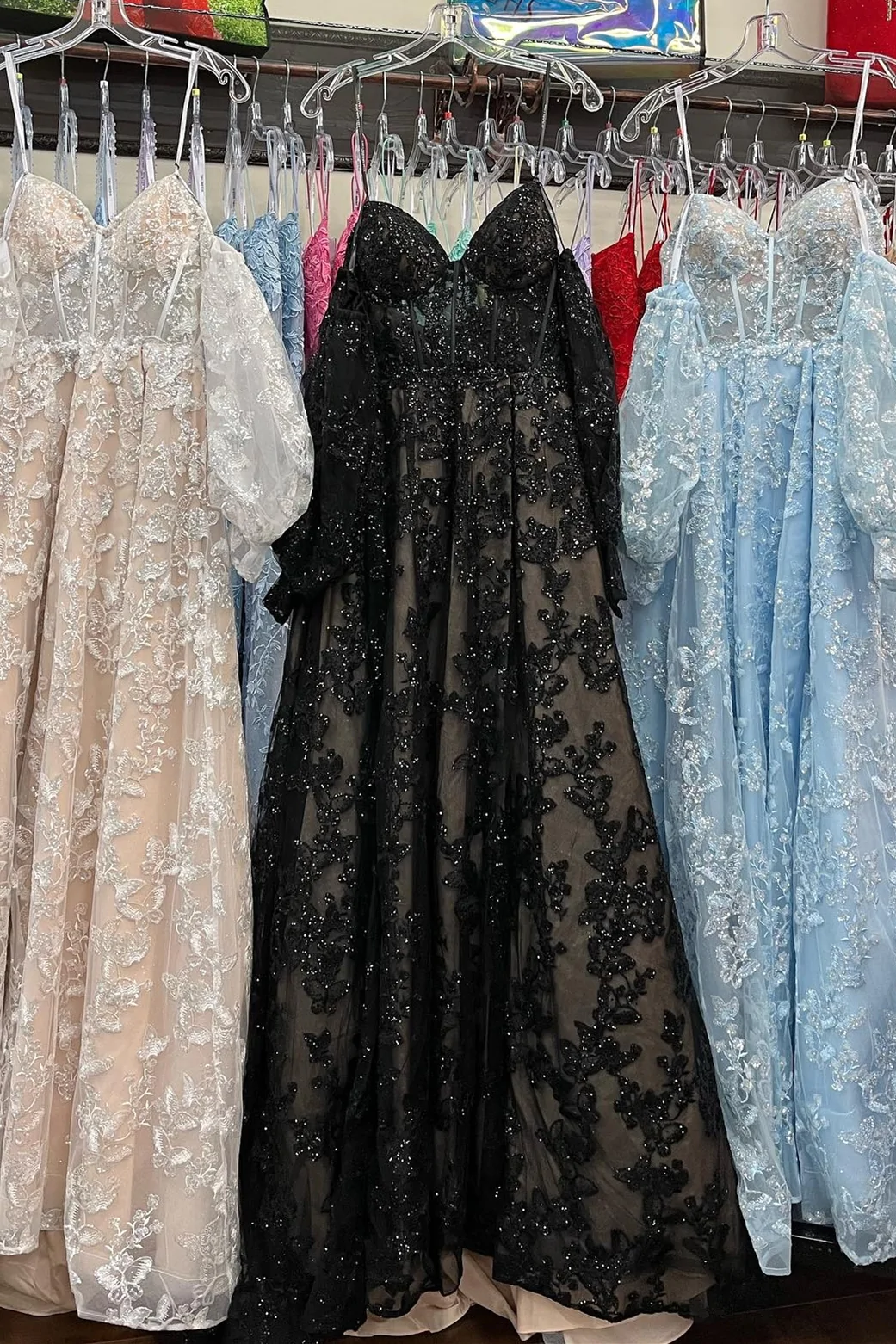 Sparkle Princess Bustier Puff Sleeve Lace Long Prom Gown SH370