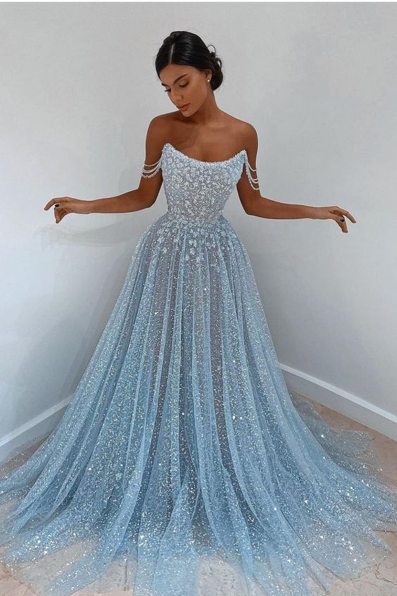 Elegant Light Blue Tulle Sequins Evening Dress Strapless Long Prom Dre shinydress Elegant Light Blue Tulle Sequins Evening Dress Strapless Long Prom Dre shinydress