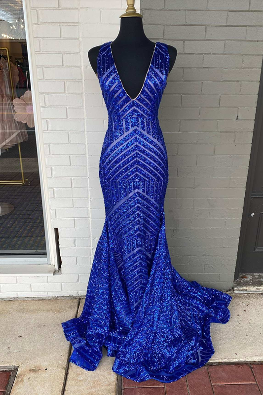 Plunge Royal Blue Sequins Mermaid Long Evening Dress SH407