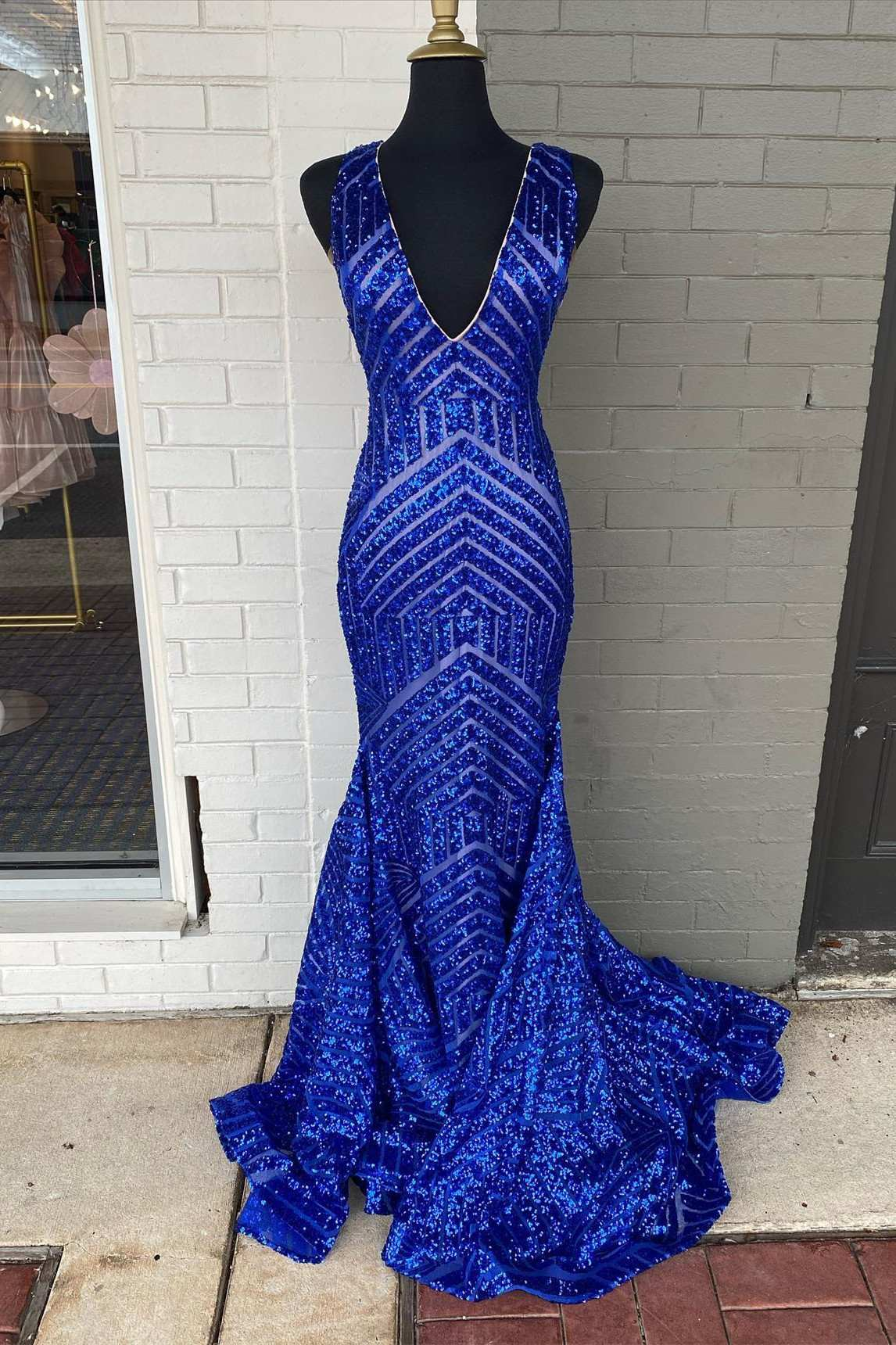 Plunge Royal Blue Sequins Mermaid Long Evening Dress SH407