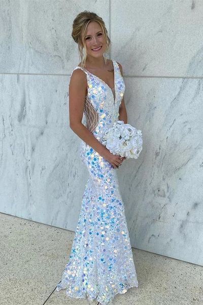 Sparkle white sequin prom dresses mermaid evening dress,v back prom dress SH420 Sparkle white sequin prom dresses mermaid evening dress,v back prom dress SH420