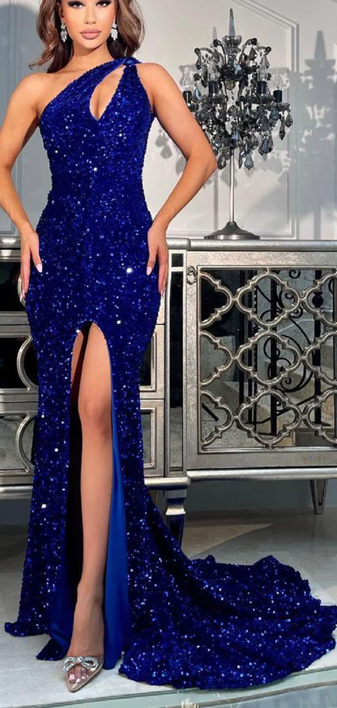 Sparkle Sequin Royal Blue Mermaid Slit One Shoulder Prom Dresses SH436