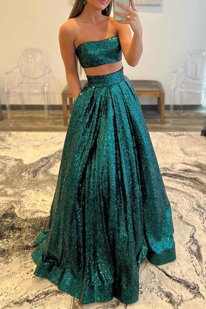 Emerald Green Sequins Two Piece Prom Dress with Pockets SH437 shinydress Emerald Green Sequins Two Piece Prom Dress with Pockets SH437 shinydress