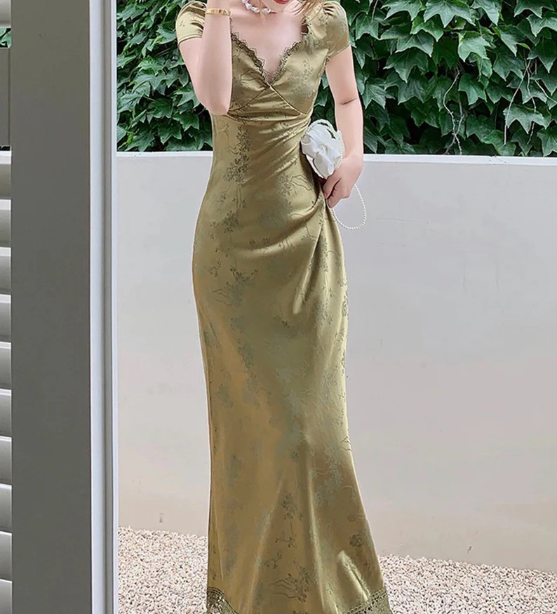 Satin Backless Long Dress Short Sleeve Lace Vintage Bodycon Dress Prom Dress SH521