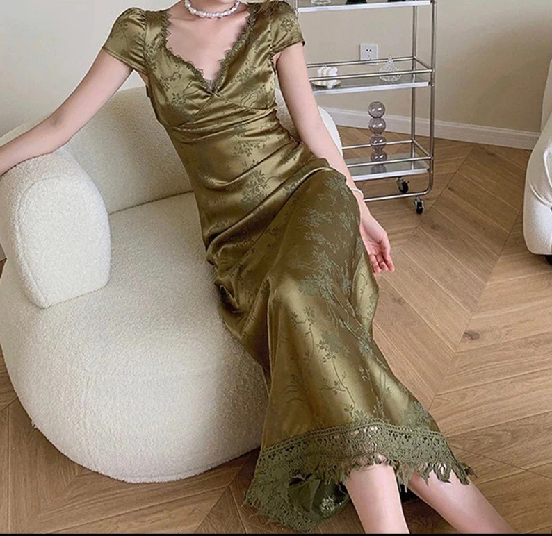 Satin Backless Long Dress Short Sleeve Lace Vintage Bodycon Dress Prom Dress SH521