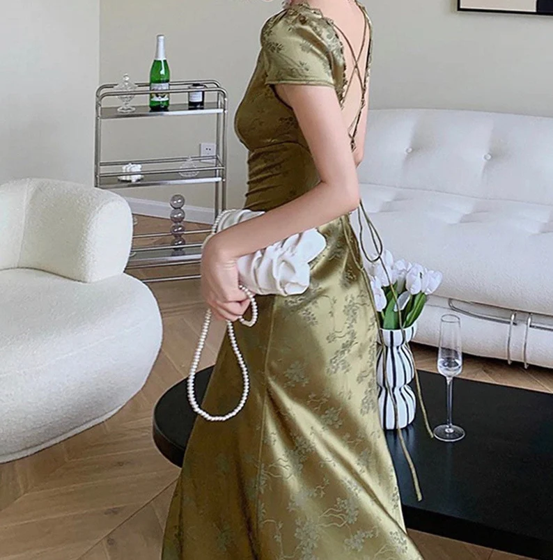 Satin Backless Long Dress Short Sleeve Lace Vintage Bodycon Dress Prom Dress SH521