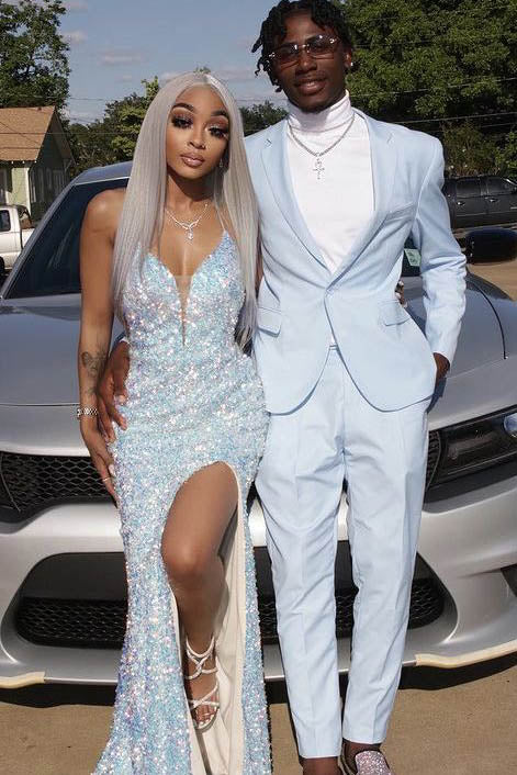 Shiny Mermaid Sequins White V Neck Long Prom Dress, Formal Evening Dresses SH551