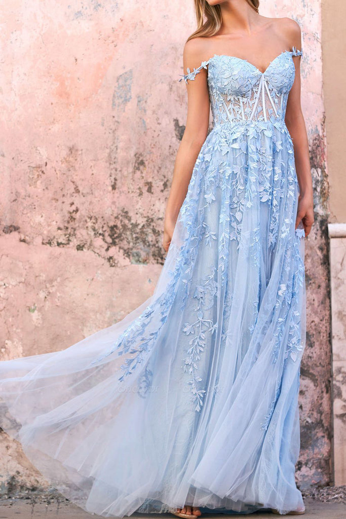 Sky Blue Off The Shoulder Lace Appliques Prom Dress, A Line Sweetheart shinydress Sky Blue Off The Shoulder Lace Appliques Prom Dress, A Line Sweetheart shinydress