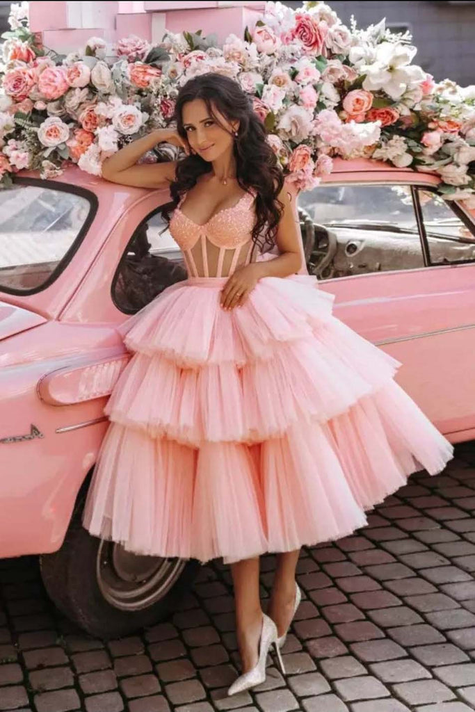 Ball Gown Sweetheart Beaded Crystal Tiered Pink Short Prom Dresses, Homecoming Dress SH562 Ball Gown Sweetheart Beaded Crystal Tiered Pink Short Prom Dresses, Homecoming Dress SH562