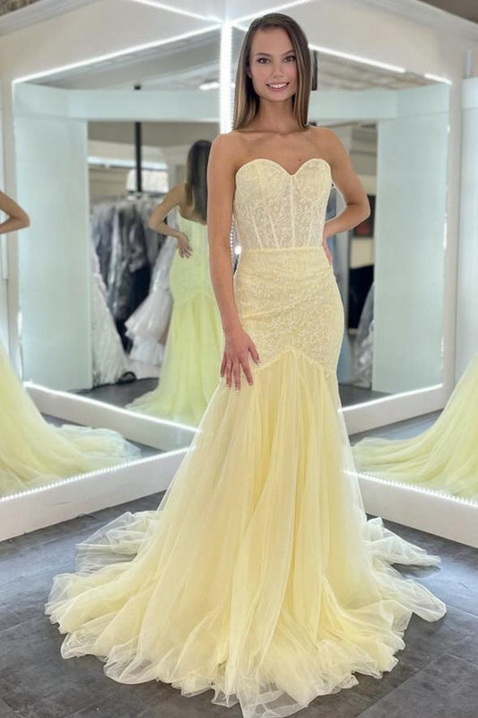 Yellow tulle sequins long prom dress yellow evening dress KS5896