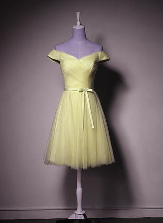 Yellow Tulle Off Shoulder Knee Length Party Dress, Light Yellow Formal shinydress Yellow Tulle Off Shoulder Knee Length Party Dress, Light Yellow Formal shinydress