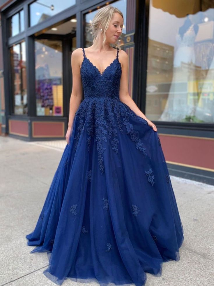 Dark Blue V Neck Tulle Applique Long Prom Dresses SH566