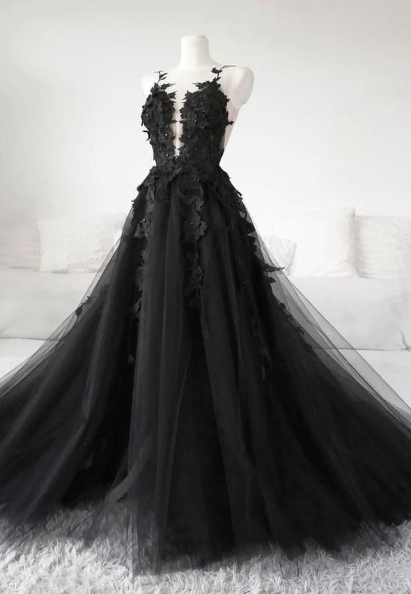 Classic Black Lace Tulle Long Prom Dress Black Evening Dress SH567