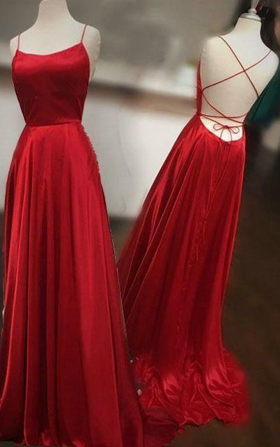 red long prom dress with spaghetti straps, lace up back and side slit cg7494