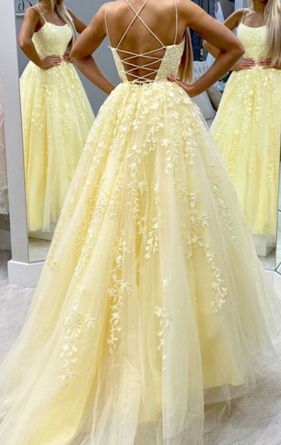 Hot Yellow A Line Straps Lace Tulle Long Prom Dress Graduation Prom Dress SH046