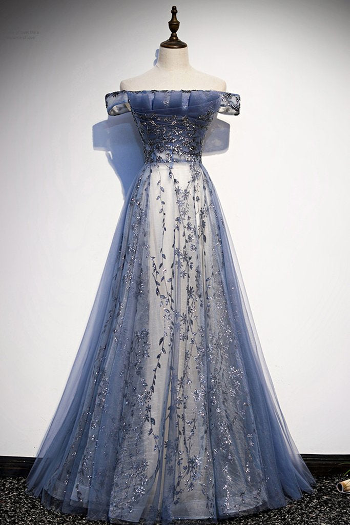 Stunning Blue Tulle Off Shoulder A Line Long Prom Dress, Evening Dress shinydress Stunning Blue Tulle Off Shoulder A Line Long Prom Dress, Evening Dress shinydress