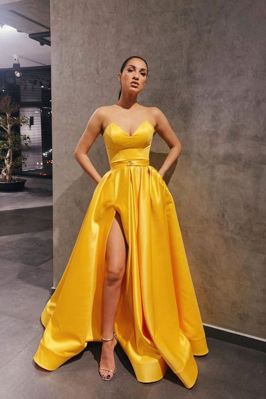 Yellow satin long prom dress simple yellow bridesmaid dress KS308