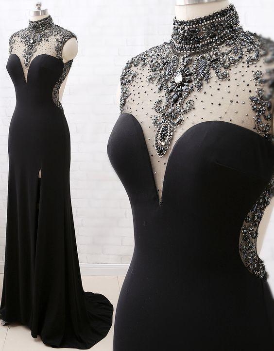 Mermaid High Neck Beaded Jersey Black Formal Evening prom Gown with Slit cg6523