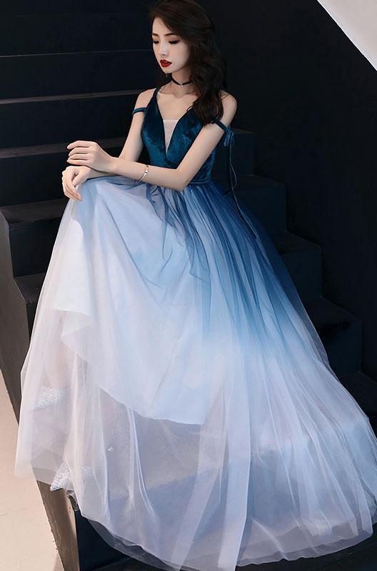 Simple navy blue tulle long prom dress, green tulle evening dress cg6595