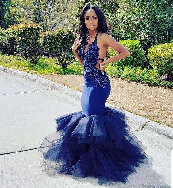 Royal Blue Mermaid African Prom Dress Sexy Spaghetti Straps Open Back Appliques Beaded Tiered Tulle Floor Length Evening Dresses cg6913