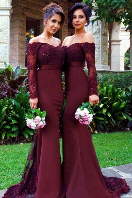 Maroon Lace and Spandex Long Sleeve Bridesmaid prom Dresses cg7221
