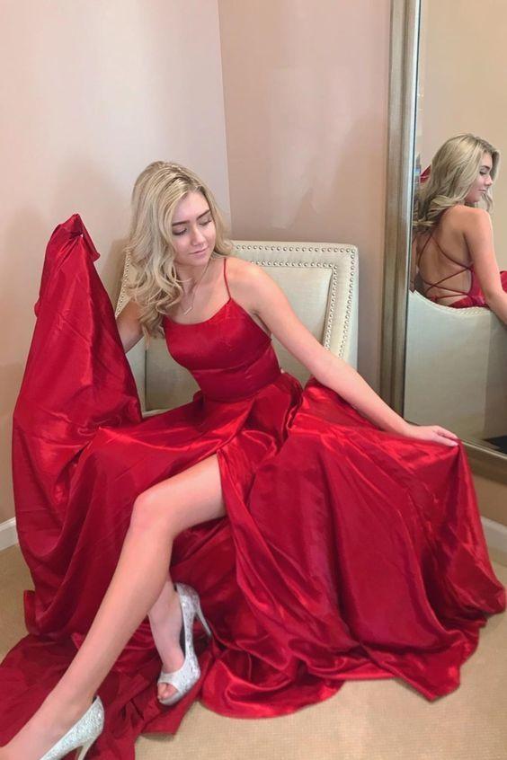 red long prom dress with spaghetti straps, lace up back and side slit cg7494