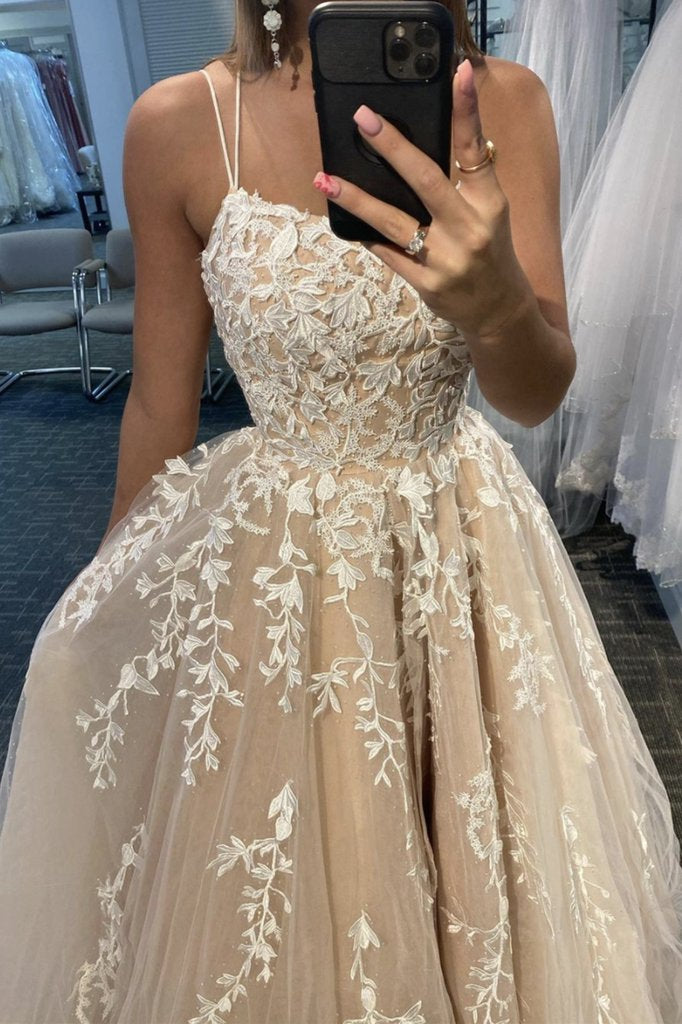 Simple Spaghetti Straps A-Line Lace Appliques Tulle Long Prom Dress KS7930