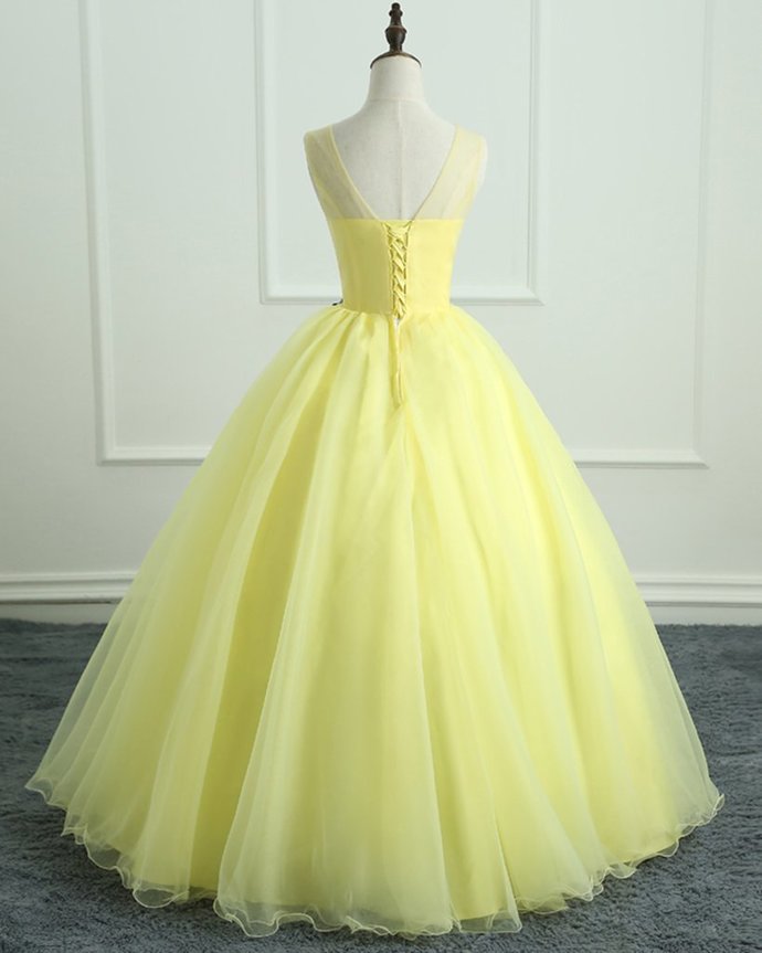Yellow Tulle Long Flower Applique Evening Dress, Sweet 16 Prom Dress V19