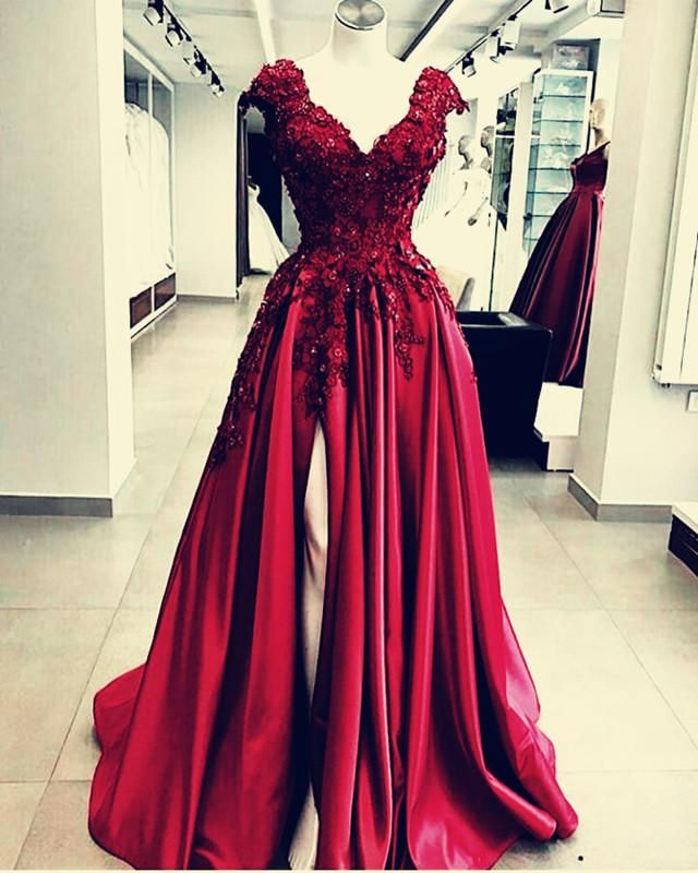 Lace Flowers Beaded Cap Sleeves V-neck Prom Dresses Split Evening Gowns Y1008