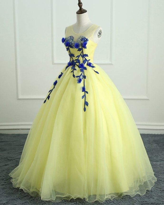 Yellow Tulle Long Flower Applique Evening Dress, Sweet 16 Prom Dress V19