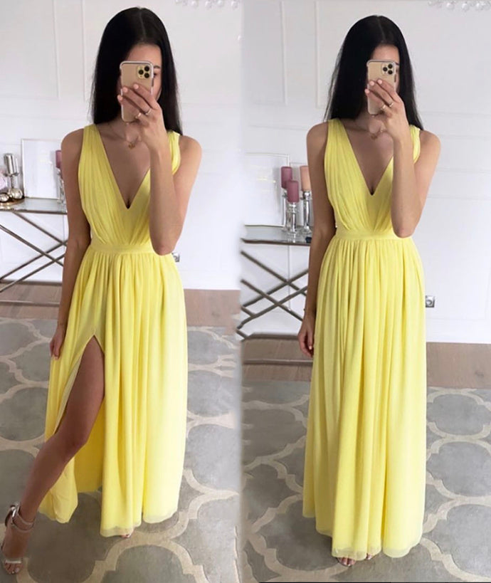 Yellow chiffon long prom dress simple evening dress W136