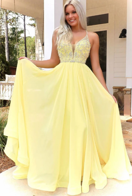 YELLOW V NECK CHIFFON BEADS LONG PROM DRESS YELLOW FORMAL DRESS 1783