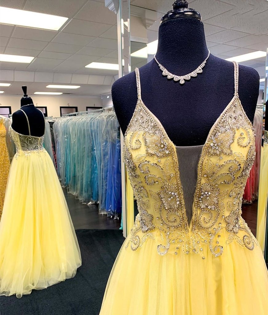Yellow Tulle Open Back Prom Dress Spaghetti Strap V-neck Crystal Beading Long Dress KS7132