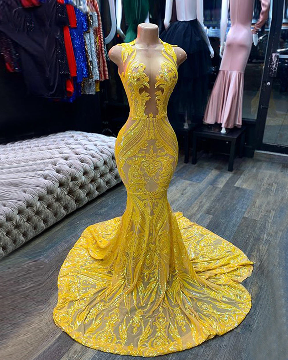 yellow lace applique evening dresses long mermaid sexy formal dress SA shinydress yellow lace applique evening dresses long mermaid sexy formal dress SA shinydress