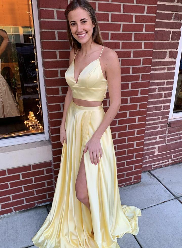 Yellow satin long prom dress two pieces evening dress KS1363