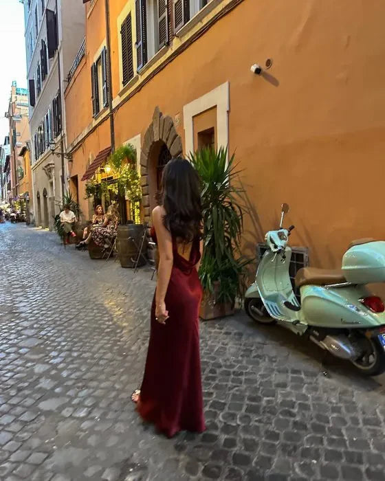 Elegant Sheath V Neck Burgundy Satin Open Back Long Prom Dress Graduation Prom Dress SH2597
