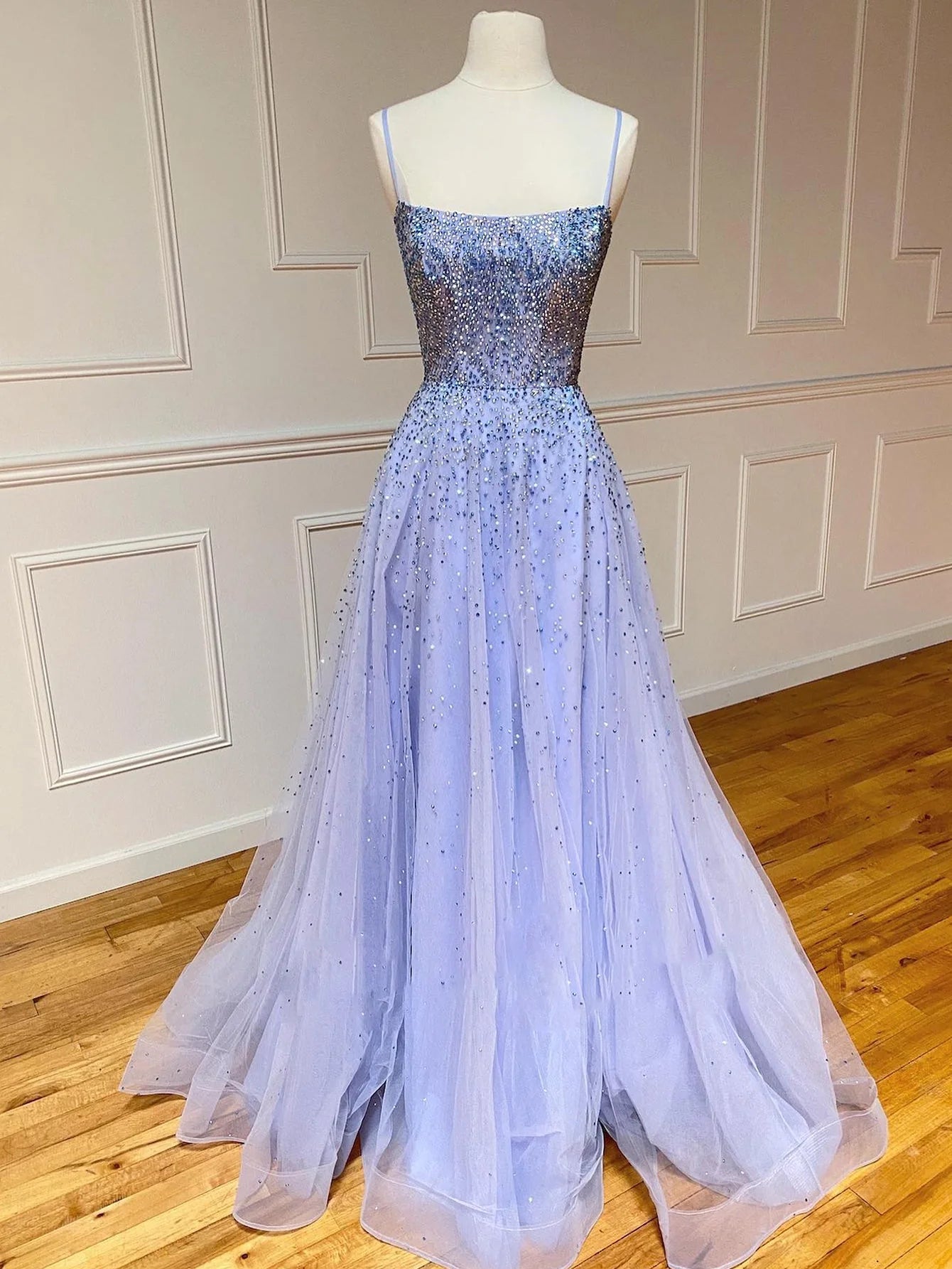 Lilac Glitter Beading Tulle Long Prom Dress Evening Dress SH1690