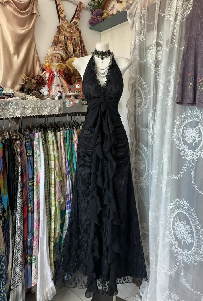 Sexy A Line Halter Black Chiffon Bow Lace Long Prom Dress Graduation Prom Dress SH2605