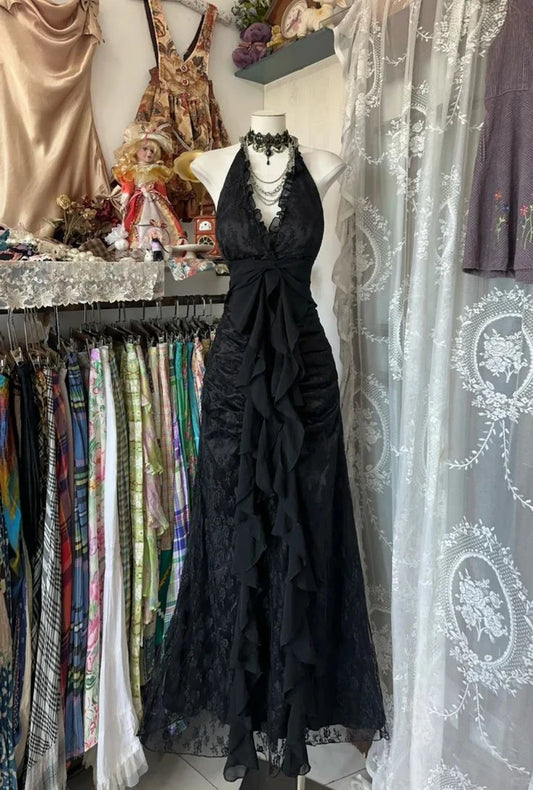 Sexy A Line Halter Black Chiffon Bow Lace Long Prom Dress Graduation Prom Dress SH2605
