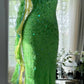 Shiny Sheath Spaghetti Strap Sequin Beaded Green Chiffon Open Back Party Dress Evening Dress SH2874